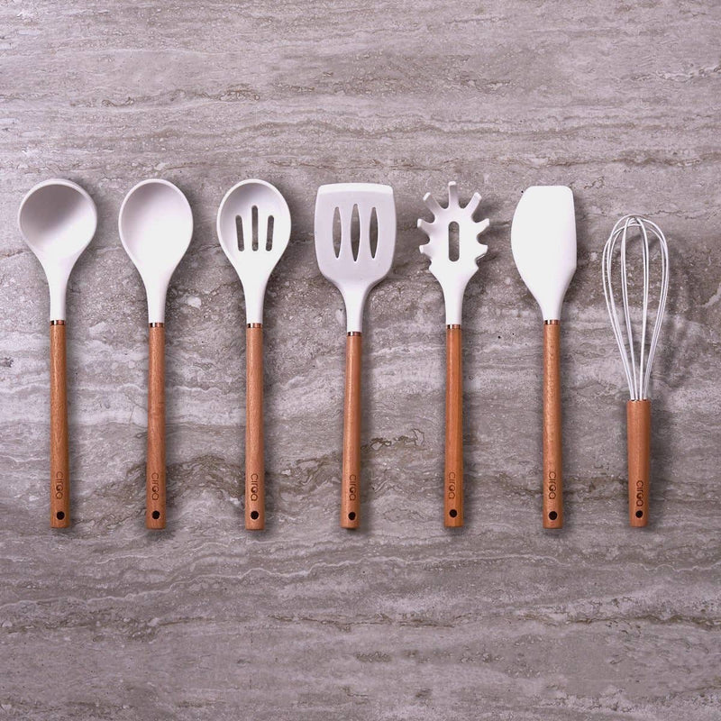 Utensil Set (7 Piece) - Beechwood and White Silicone